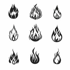 Set of nine stylized flame icons, representing fire in various artistic representations, perfect for digital design and branding