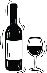 Doodle style illustration of a wine bottle and glass filled with wine