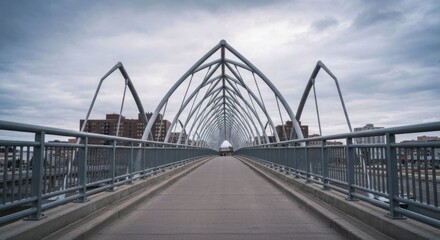 Obraz premium Modern pedestrian bridge, curving steel arches, leading to a distant structure