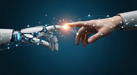 Futuristic technology concept showing human and robot hands connecting in digital space, innovation for tomorrow