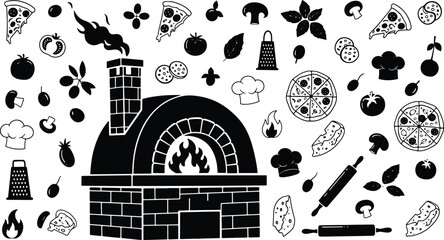 Pizza Oven and Food Ingredients Seamless Pattern Black and White Style