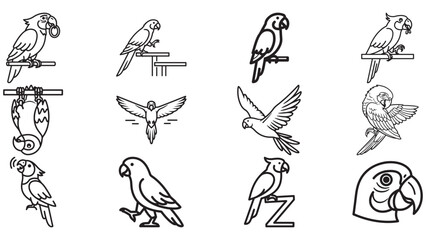 Obraz premium Parrot Poses Line Art Sheet, Tropical Black Outline Bird Studies for Logos, Classroom Prints, Coloring Pages, and Vector Design