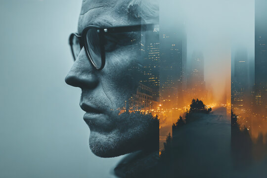 Surreal double exposure portrait blending a man&rsquo;s profile with a modern city skyline at dusk, symbolizing introspection and urban identity