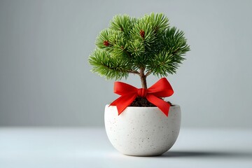 A small potted evergreen tree with a red bow, set against a neutral background.