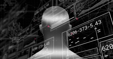Converging magenta nodes starting 3D wireframe head rotating and panels updating analytics overlays - Powered by Adobe