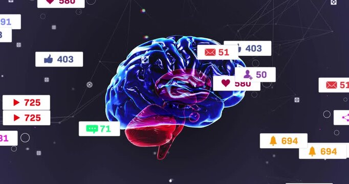 After one second digital brain rotating, showing engagement data as icons fading in and dissolving