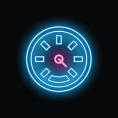 Blue neon clock face glowing on dark background with pink neon hands telling time