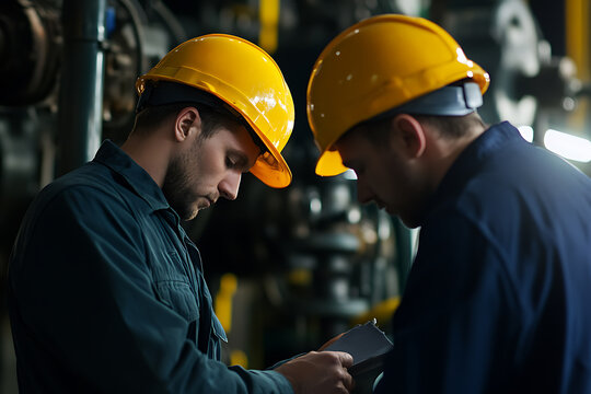 Two technicians review data, wearing yellow helmets, in an industrial environment. The details of the analysis and their expertise are visible. Safety is key.