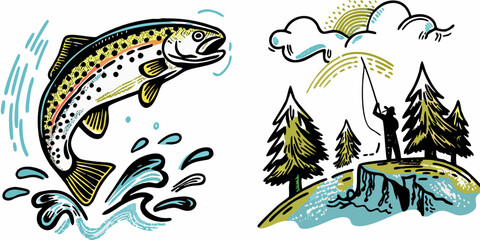 Leaping trout and fisherman silhouette by a river with pine trees and clouds