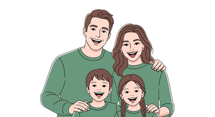 A joyful family of four, including parents and two children, smiles warmly while wearing matching green outfits, exuding happiness and togetherness in a studio portrait against a black background
