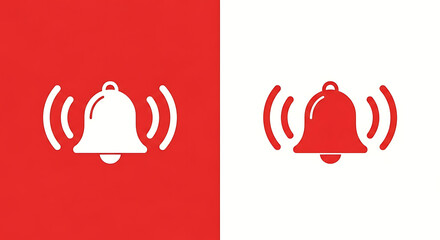 Notification bell ringing in red and white colors isolated on white background