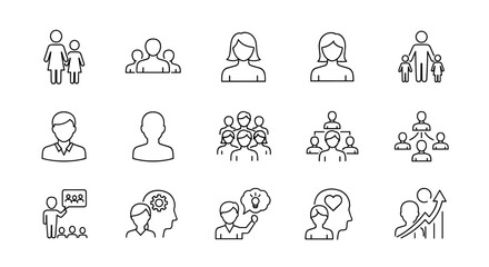 A comprehensive collection of vector line icons representing various human figures and group dynamics, including families, teams, individuals, and abstract concepts like ideas and growth, presented