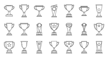 Collection of outline winning cups and trophies, symbolizing achievement and victory, perfect for infographics, articles, books, flyers, and banners, presented as editable stroke vector cartoon