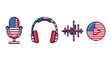 Vibrant American Flag Themed Podcast and Audio Icons: Microphone, Headphones, Soundwave, and Play Button. This vector cartoon illustration features patriotic red, white, and blue elements, perfect