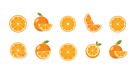 A vibrant collection of stylized orange slices and whole oranges, artfully arranged against a stark black background, showcasing the juicy segments and fresh green leaves in a visually appealing flat
