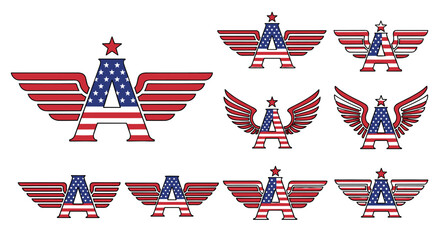 Collection of stylized winged letter 'A' emblems, each featuring the iconic American flag pattern with red stripes, blue field, and white stars, set against a stark black background, symbolizing