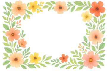 Watercolor floral frame border with orange, yellow, and peach flowers, green leaves on transparent background