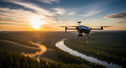Illustration of drone flying over forest and river at sunset, aerial photography concept scenery