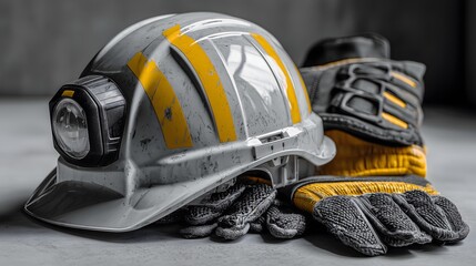 A grey and yellow hard hat with an attached headlamp sits next to a pair of protective work gloves.