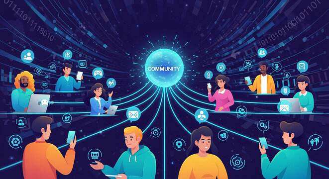Illustration of community concept showing people connected through technology and social media