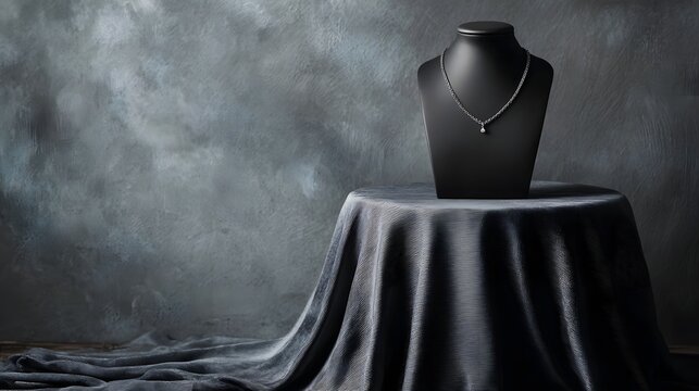 A diamond pendant necklace displayed on a black mannequin bust atop a draped table against a textured grey background
