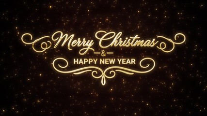 Merry Christmas and Happy New Year glowing gold text, surrounded by gentle shimmering golden particles, creating a luxurious winter holiday mood