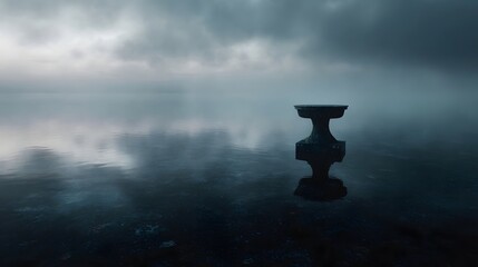 A solitary stone pedestal stands in calm misty water under a dramatic cloudy sky
