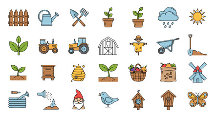 Vibrant Collection of Farm and Garden Icons: A Vector Cartoon Set for Apps, Websites, Banners, and Infographics, Featuring Tractors, Tools, Plants, and More for Engaging Digital Designs
