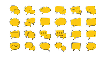 A vibrant collection of yellow speech bubbles and chat icons, presented in a flat, cartoon illustration style, perfect for graphic design elements and communication concepts. This set features