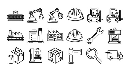 Factory production line icon bundle, outline signs for graphic and web design, apps, adverts, various cards, vector cartoon illustration with a white background. This collection features a variety of