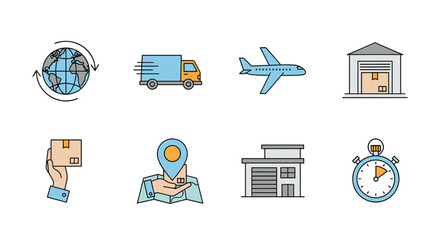 Global delivery and logistics icons set, including world map with arrows, truck, airplane, warehouse, package in hand, map pin, building, and stopwatch, representing fast and efficient shipping