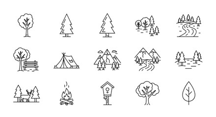 Collection of simple, linear outline vector illustrations depicting forest and park elements, including various trees, a deer, a campfire, a birdhouse, a tent, a park bench, mountains, and winding