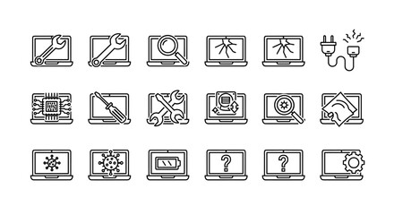 Minimalistic linear pictogram of a laptop repair service, perfect for web and graphic design, apps, banners, social networks, and cards. This vector cartoon illustration features a clean, modern