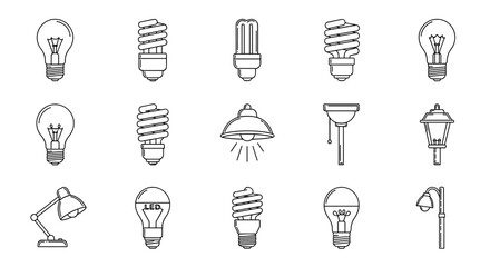Collection of light bulb and lamp outline icons, featuring incandescent, CFL, LED, desk lamp, pendant light, and street lamp designs. This editable stroke vector graphic set is perfect for