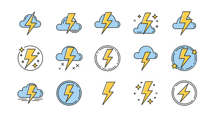 Collection of stylized lightning bolt icons, featuring yellow bolts against blue clouds and circular frames, adorned with stars and sparkles, perfect for UI design, placards, books, and apps, with