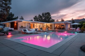 Modern house exterior shows a bright pink illuminated swimming pool against a twilight sky at dusk.