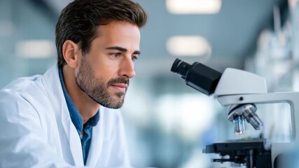 Confident male scientist in a white lab coat examines samples through a modern microscope in a bright laboratory. Focused researcher conducts scientific analysis for medical innovation - Powered by Adobe