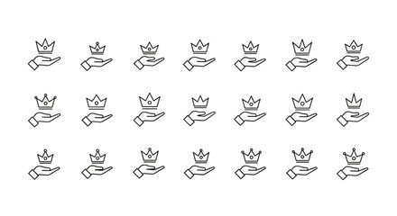 Collection of thin line icons depicting a crown resting on an open palm, symbolizing royalty, power, success, and achievement. These versatile vector graphics are perfect for web design, book
