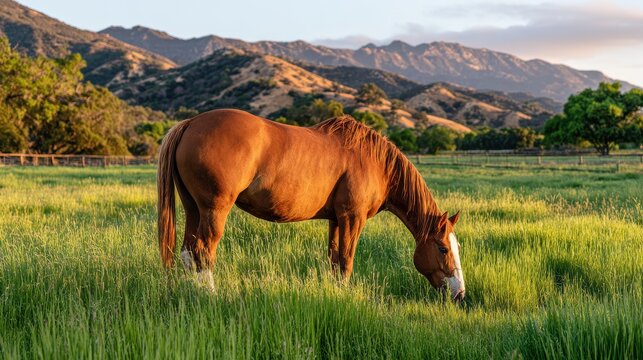 Brown horse grazing in green field with mountains - Powered by Adobe