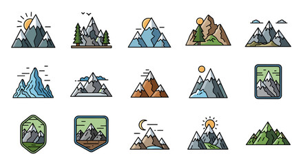 Collection of stylized mountain range illustrations in a flat design style, featuring various weather conditions like sunshine, clouds, and nighttime, with some including trees and badges, perfect