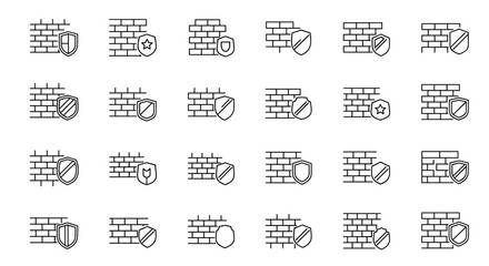 Collection of minimalistic thin line icons representing brick walls with shields, symbolizing security, protection, and defense. These versatile vector graphics are ideal for web design, app