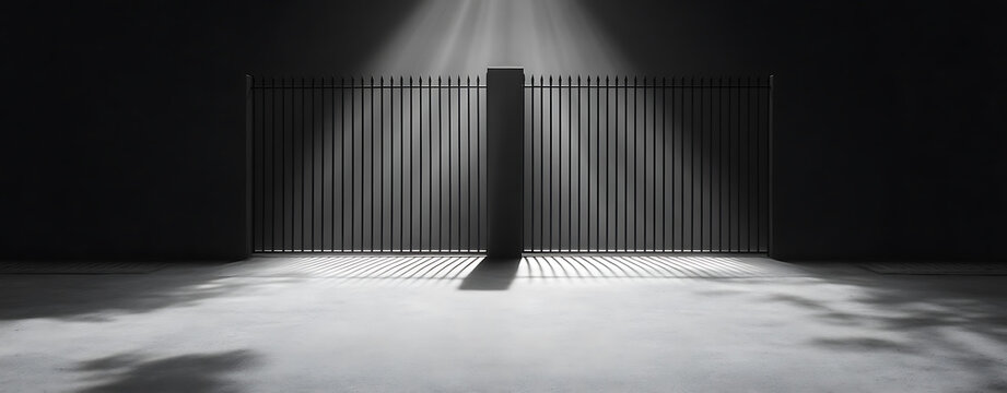 A monochromatic and stark image with a symmetrical gate and shadows. The contrast between light and dark creates a dramatic and mysterious atmosphere. The beams of light adds depth.