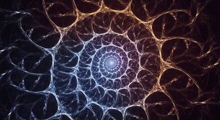 A spiral of branching lines forms a vortex colored from gold to blue against a dark background