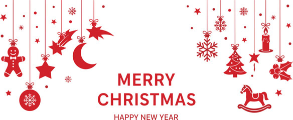 Minimal Christmas and New Year greeting card with festive red icons, holiday decorations, seasonal wishes, elegant design, white background layout