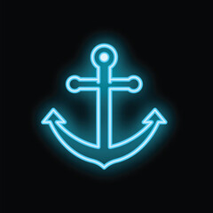 Blue neon sign showing the symbol of an anchor, a common maritime symbol