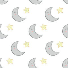 sweet moon, pattern with a white background. pastel design, seamless pattern with a playful and dreamy feel, perfect for kids' textiles, packaging, cute  yellow stars for baby room decor, pajamas
