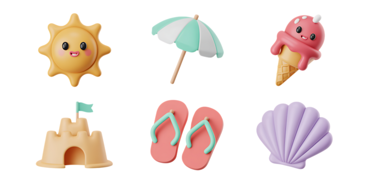 Adorable Kawaii Summer Beach Icons with Faces umbrella ice cream