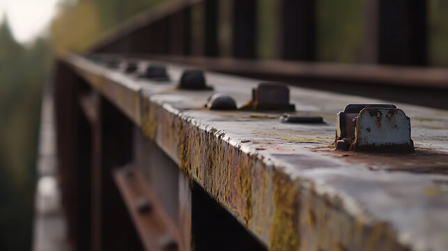 Close-up perspective captures the textured surface of an aged metal bridge railing, showcasing signs of weathering and rust amidst a soft-focus natural background.