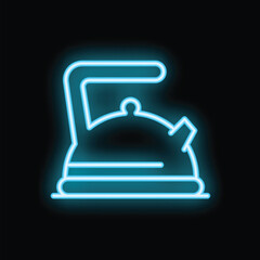 Bright, blue neon icon of a teapot is glowing against a black background