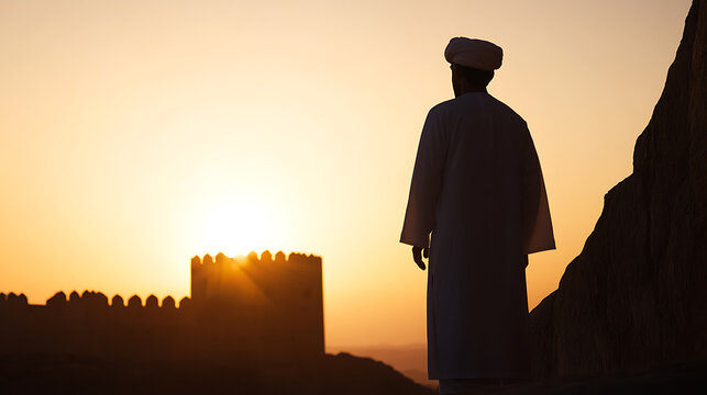 Silhouette of a man in traditional garments at sunset. His gaze meets the horizon near a fortress, bathed in golden light and the warm glow of the setting sun.